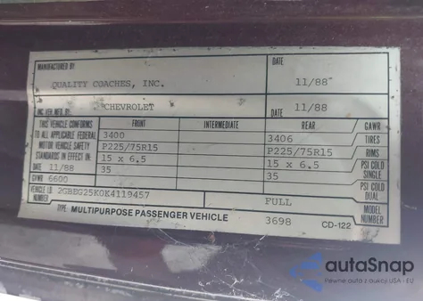 1989 Chevrolet G20 из США, поврежденный, VIN 2GBEG25K0K4119457